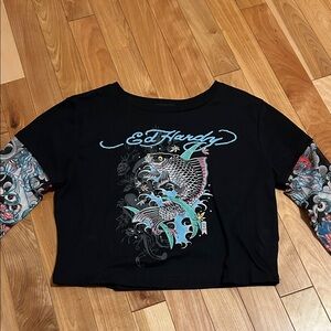 Ed Hardy Black Crop Top with Colorful Tattoo Sleeves